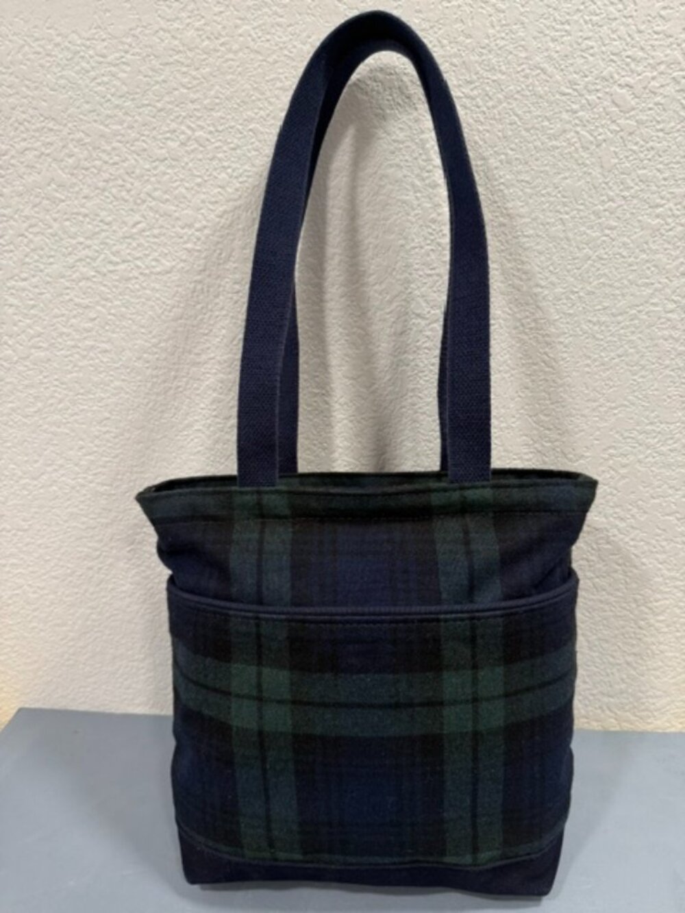 Vintage LL Bean Black Watch Plaid Wool Blend Tote Bag Zip Top Preppy